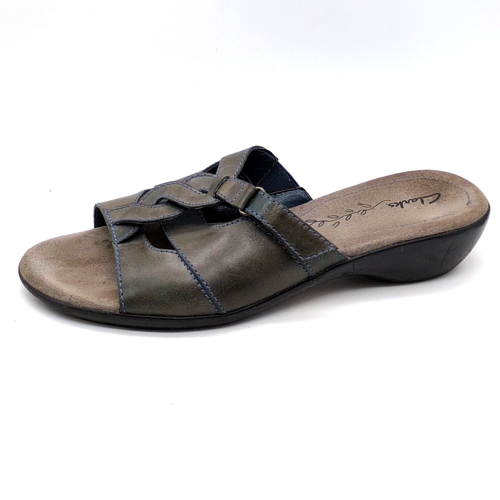 Clarks Shoes Womens Gray 9 Leather Slide Sandals Hook Loop Comfort 72193